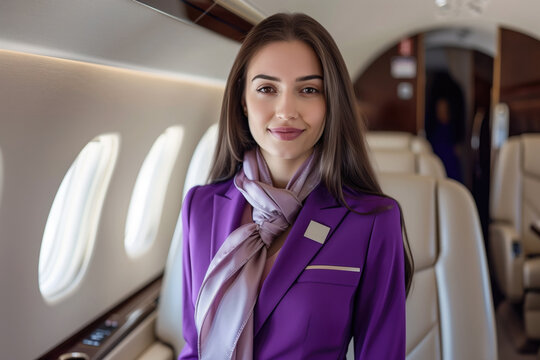 Smiling flight attendant in purple uniform standing inside luxurious private jet. Concepts of aviation, hospitality, and premium travel experience.