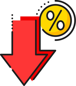 Color low percent line icon with vector down arrow and percentage symbol. Interest rate decrease, price and cost reduction outline symbol, economic crisis, finance downturn, money loss and bankruptcy
