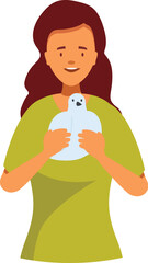 Woman is gently holding a white dove, representing peace, hope, and a positive future