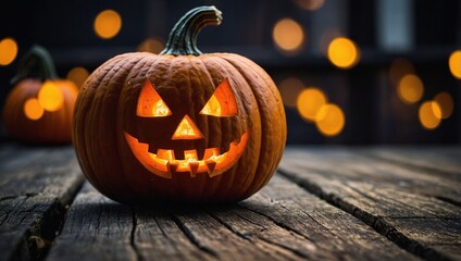 Fototapeta premium Scary halloween pumpkin on wooden planks