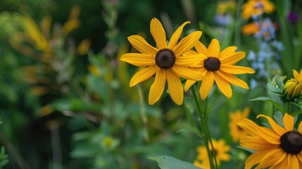Obraz premium Pair of yellow flowers in summertime garden