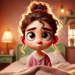 Young girl with curly, unkempt hair tied up, big expressive eyes, and a cute, perplexed face, in a cozy bedroom with soft lighting