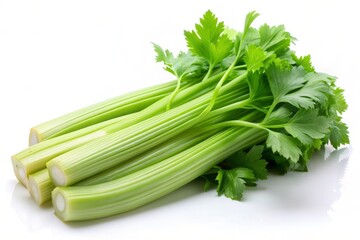 Fresh Celery Stalks with Green Leaves on White Background.