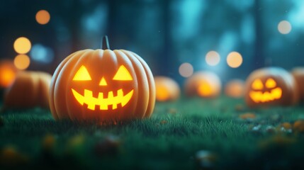 Obraz premium Glowing halloween pumpkins illuminating a cozy halloween night in a festive garden.