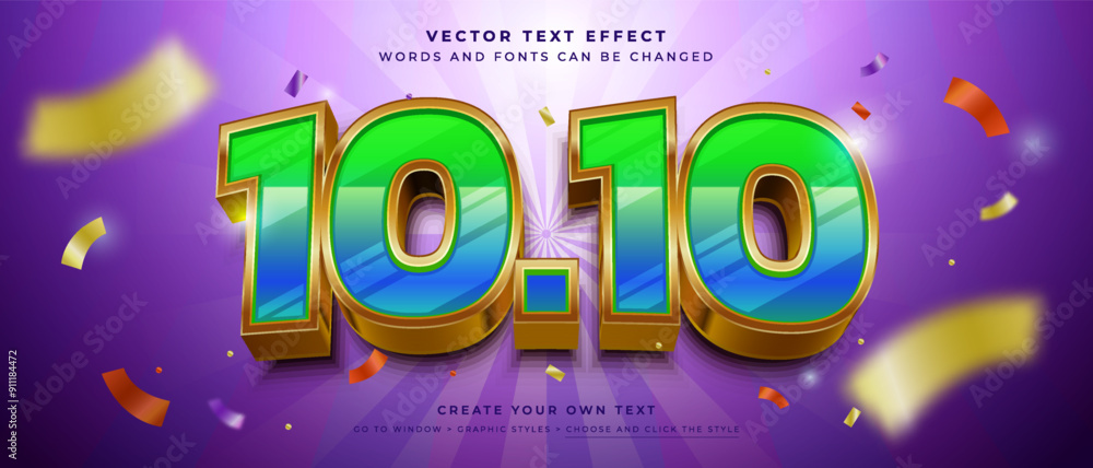 Poster golden 3d rendered numbers 10.10 text effect, vector graphic style