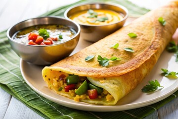 Delicious Dosa with Vegetables and Chutney.