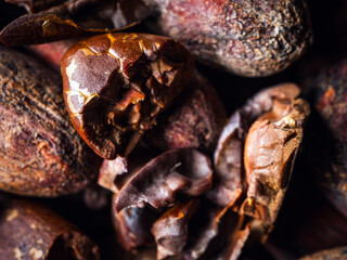 Cocoa beans background, close-up of cocoa bean,  dried broken cocoa beans