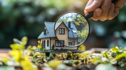 Hand with a magnifying glass over a tiny house, symbolizing detailed mortgage inspection and valuation