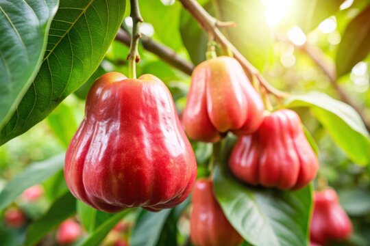 Ripe Red Rose Apples Hanging From a Branch