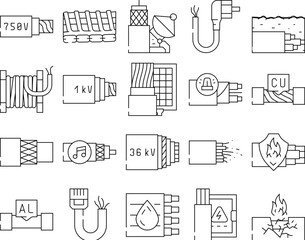 Cable Wire Electrical System Icons Set Vector. Optic And Internet Cable Wire, Fire Resistance And Audio, Aluminum And Copper Line. Low, Medium And High Voltage Cord Black Contour Illustrations