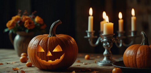 Obraz premium Smiling pumpkin and candelabrums on Halloween table