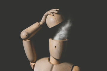 illustration of cloud getting out of a mannequin open head, surreal abstract concept