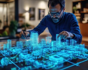 Real estate agent analyzing a digital map with augmented reality mortgage valuations, futuristic property market