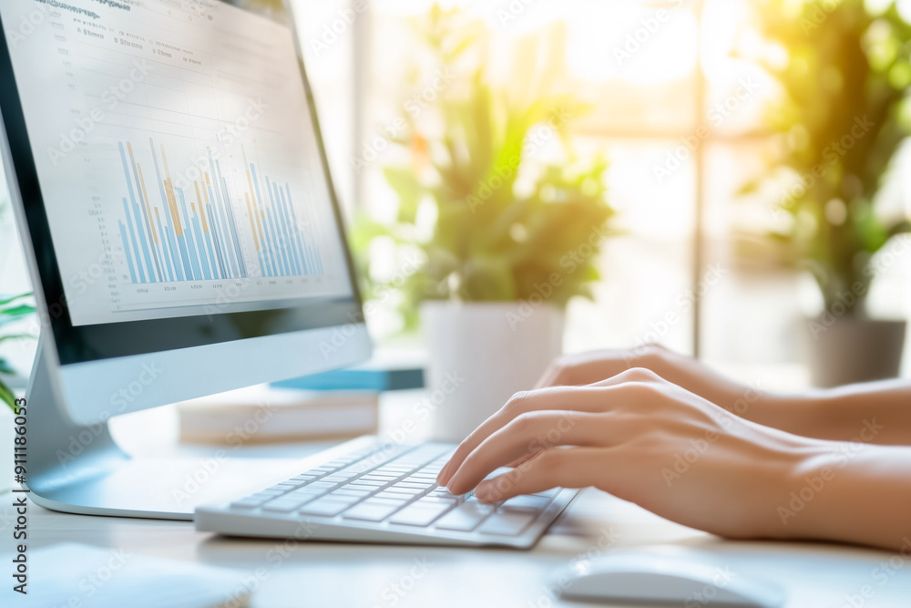 Poster conducting a thorough analysis of financial data using a modern computer while situated in a profess