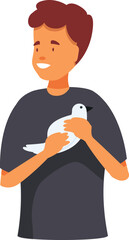 Smiling young man is holding a white dove bird close to his chest, symbolizing peace and hope