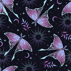 Magic purple seamless pattern with moths. Boho magic background with space elements stars. 