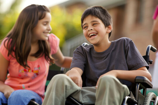 Boy in wheelchair talking with girl and laughing together. School, friendship, inclusive education concept