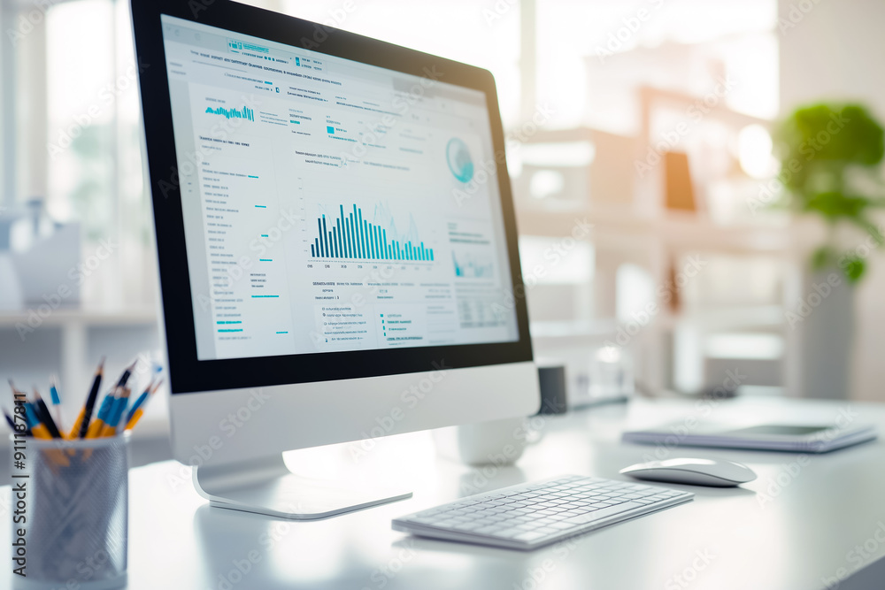 Poster modern data analysis dashboard featuring various graphs and charts aimed at delivering valuable busi