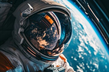 A half-body portrait of an astronaut in a space suit, with the Earth visible through the window of the spacecraft behind them.
