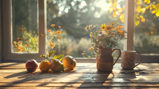 Autumn scene on wooden table in early morning light
