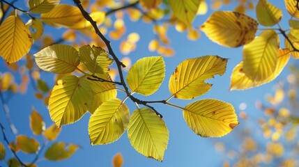 Obraz premium Autumn sunlight highlights golden linden tree leaves with blue sky backdrop