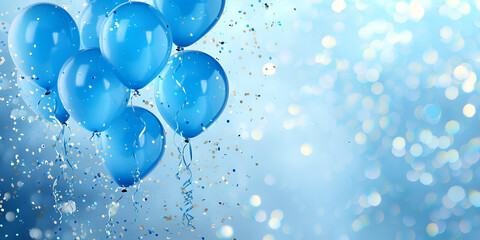 Delicate blue balloons, fireworks, bokeh, glow, confetti against the bright sky. The concept of a holiday, celebration, fun. Copy space. Weddings, anniversaries, birthdays, corporate parties.