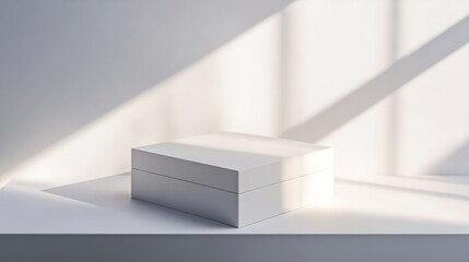 High angle shot of a 3D box mockup in a studio environment with natural and soft light illuminating its features on a white background