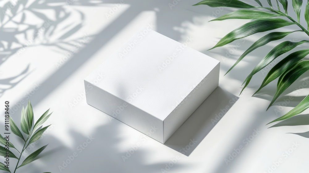Wall mural high angle studio shot of a 3d box mockup with soft natural light and a white background creating a 