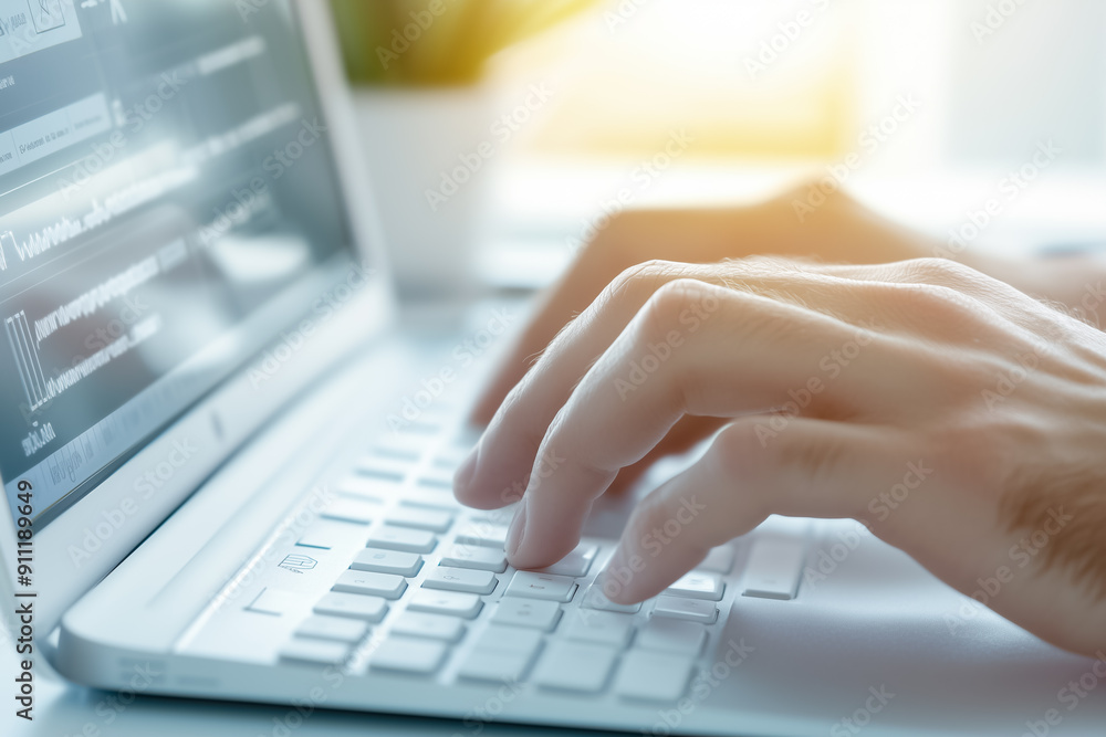 Poster conducting a thorough analysis of financial data using a modern computer while situated in a profess