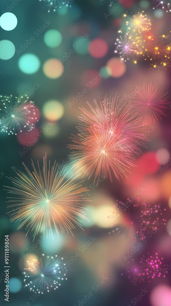 Poster colorful fireworks burst in a festive display against a blurred background of vibrant bokeh lights c