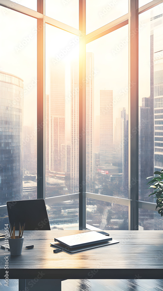 Poster a modern office desk with a view of skyscrapers and a sunset glow illuminating the space, creating a
