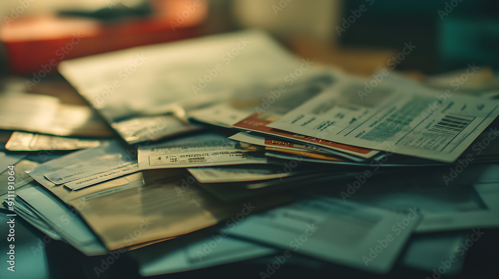 Poster cluttered piles of assorted papers and documents create a chaotic workspace ambiance with a warm, so