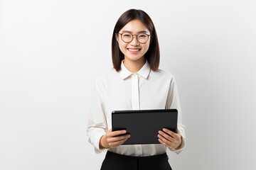 Fototapeta premium portrait photo of businessman holding ipad with monochrome background with generative ai