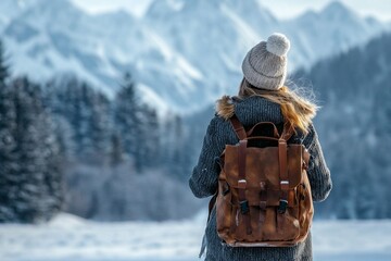 A rear view of a female traveler with a backpack facing a beautiful snow landscape. --ar 3:2 --quality 2 --v 6.1 Job ID: 7a378699-ab57-4e01-8b53-186c1b3c33e7