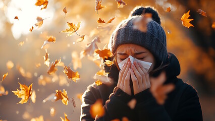Teenage girl blowing her nose outdoors in autumn.