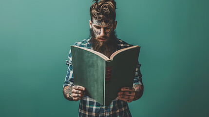 A tattooed man in a blue and green plaid shirt reads a green book against a teal background, conveying a sense of knowledge, wisdom, and individuality. 
