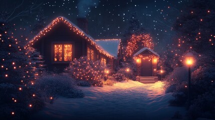 A cozy winter night scene of a beautifully lit house surrounded by snow and festive decorations, evoking warmth and holiday spirit.