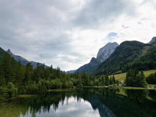 Forest lake Hintersee between mountains and forest in Berchtesgaden, Bavaria