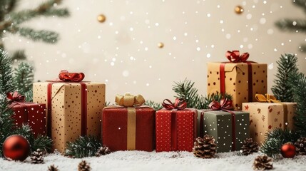 A festive arrangement of beautifully wrapped gifts surrounded by snow and Christmas decorations, perfect for holiday themes.