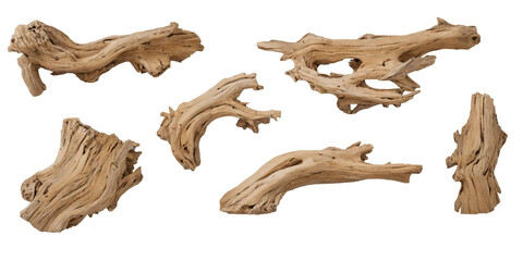Fototapeta premium Collection six pieces driftwood arranged scattered manner white Set of driftwood isolated