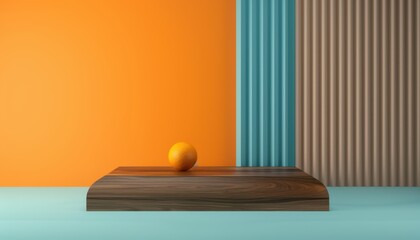 A Bright Orange Fruit on a Wooden Surface Against Vibrant Colored Backgrounds in Modern Interior Design