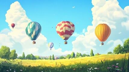 Naklejka premium Colorful Hot Air Balloons Soaring Above a Lush Green Field with Blue Skies and Fluffy Clouds