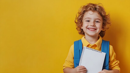 Obraz premium boy holding books and bag on bright yellow background.