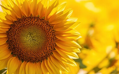 Obraz premium Close-up detailed view of a sunflower with a blurred yellow background.