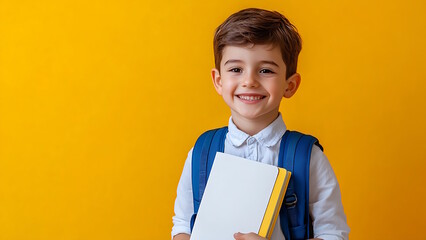 Obraz premium boy holding books and bag on bright yellow background.