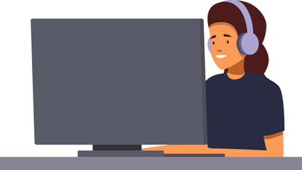 Young woman is working on a large desktop computer while wearing a headset