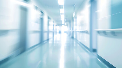 Abstract white and blue hospital corridor with blurred background, perfect for medical and healthcare concepts. 
