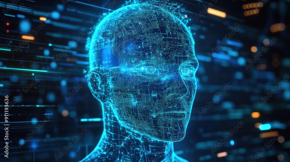 Poster digital human portrait constructed from circuitry and lines representing artificial intelligence, ma