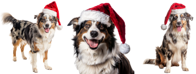 Bundle of Australian Shepherd Dogs in Santa Hats Capturing the Festive Spirit, Perfect for Holiday Advertising and Pet Calendars, Isolated on Transparent Background