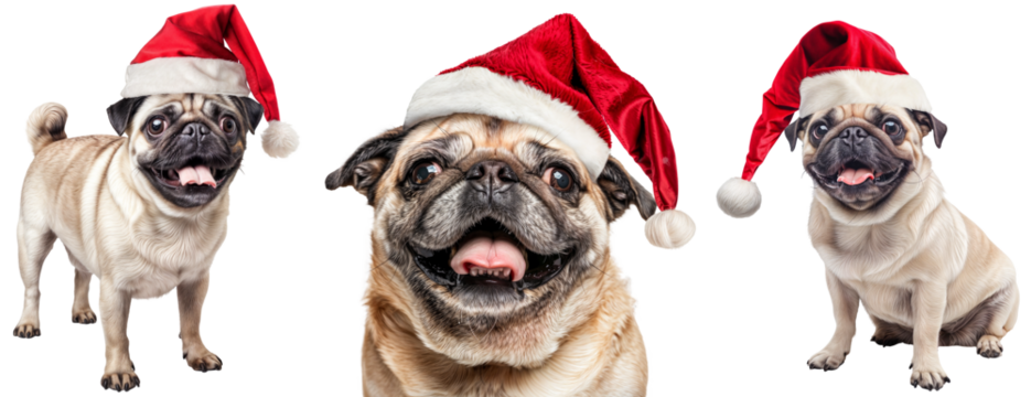 Collection of Playful Pug Dogs in Santa Hats Expressing Holiday Cheer, Ideal for Festive Marketing and Pet Themed Christmas Cards